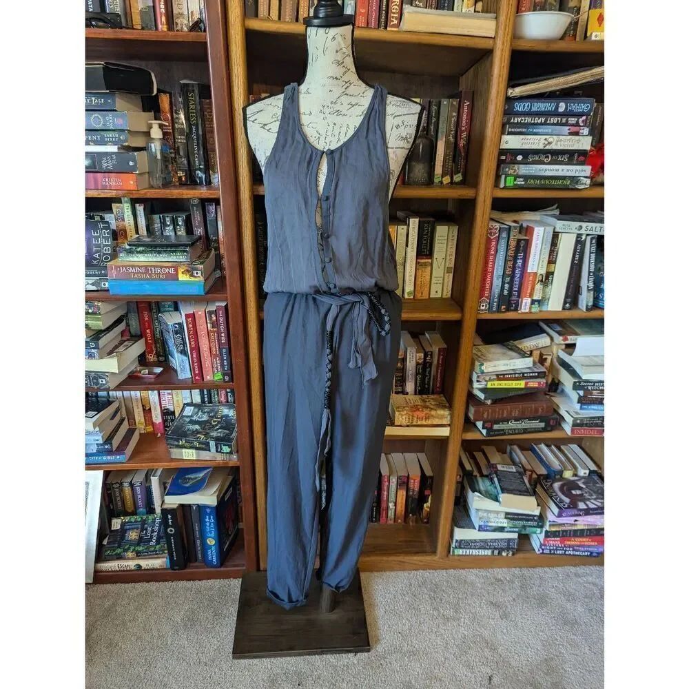 Free People Women’s Small Gray Angelica Beaded Belted Silky Jumpsuit Pantsuit